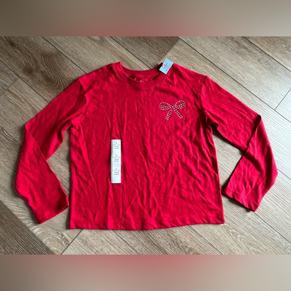NWT Red Cat & Jack Long Sleeve Embellished Sequin Bow Top Size L (10/12)
